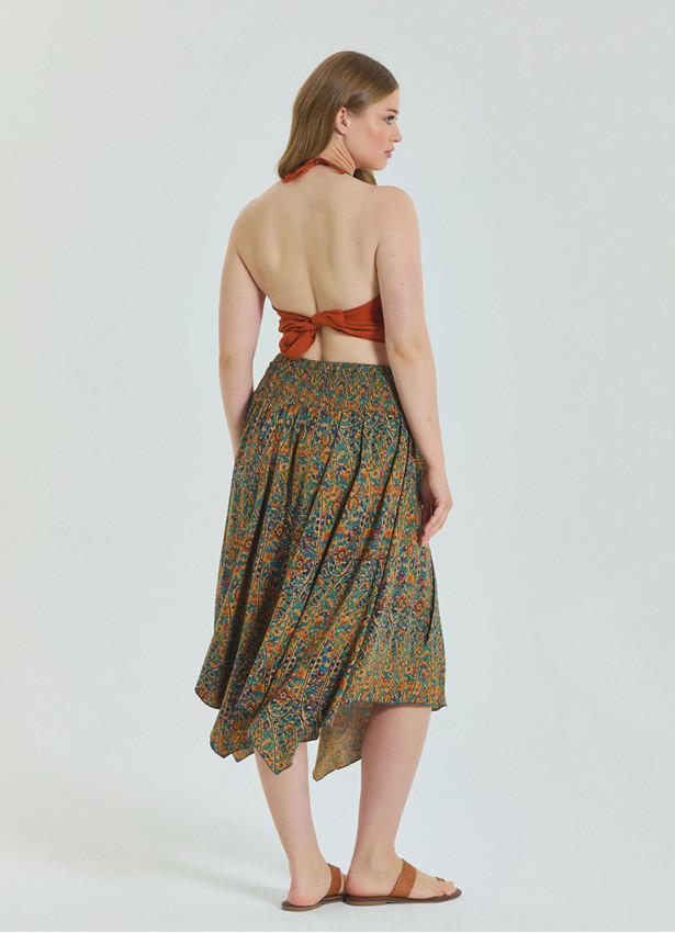 Gipe Detailed Waist Tied Petrol Plus Size Skirt 4589